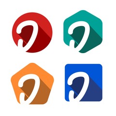 Creative handwritten white letter J inscribed in a circle, square, pentagon, hexagon with falling shadows. For your monogram, logo, emblem. Flat design. Four color palettes