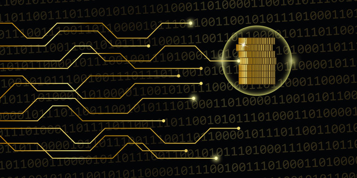 digital currency on golden binary code with coins vector illustration EPS10