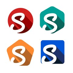 Creative handwritten white letter S inscribed in a circle, square, pentagon, hexagon with falling shadows. For your monogram, logo, emblem. Flat design. Four color palettes