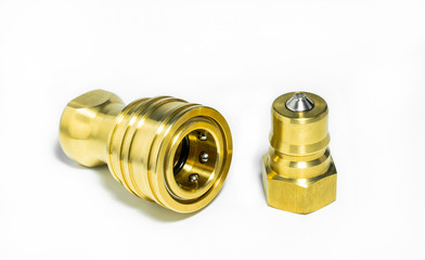 Close up view of connector copper pipe placed isolated on white background.