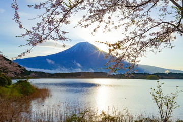 富士山と日の出、静岡県富士宮市田貫湖にて