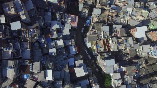 Favela Aerials: God's eye looking directly down onto rooftops of Rocinha favela, Rio de Janeiro, Brazil