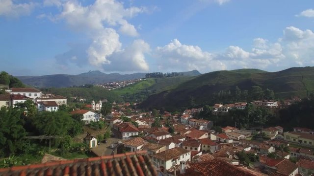 Aerial flight over colonial houses to reveal town of Ouro Preto, Minas Gerais, Brazil