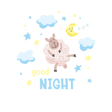 Sky background with cute cartoon poddy, moon and clouds. Childish poster. Vector illustration with cute lamb and inscription Good night.