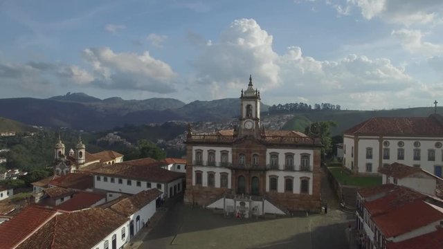Aerial flight past statue over Tiradentes Square to the Museu da Inconfid�ncia in Ouro Preto, Minas Gerais, Brazil