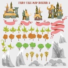 Fairy tale fantasy map builder set of Everwinter Realm and City states in colorfule vector illustrations - obrazy, fototapety, plakaty