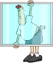 Worker carrying a large glass window