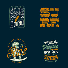Surfing print set - Let the waves take you on a journey, Surf bold letters, Dino surfer, You can't buy happiness but you can buy a surfboard - vintage lettering set