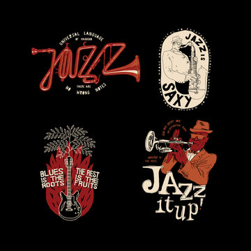 Jazz and Blues music t-shirt design set - Jazz trumpet, Jazz is saxy, Blues is the roots - the rest is the fruits, Jazz it up.