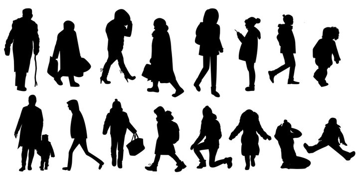 Silhouettes of people walking: men, women, children, the elderly in various poses, wearing warm winter or autumn clothes.