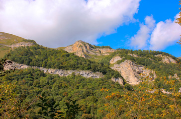 slopes of the Caucasian mountains with green trees against a blue sky with clouds