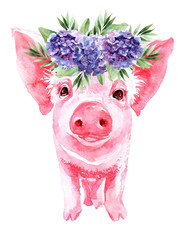 Watercolor illustration of piglet in the wreath, perfect for design greetings, prints, flyers,cards,holiday invitations and more.