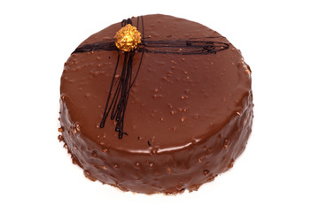 Delicious chocolate cake isolated on white background .