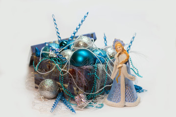 Fototapeta premium box with Christmas decorations white and blue