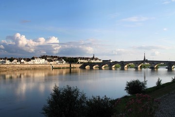 Fototapeta premium Jacques Gabriel bridge, Blois, Loire, chapel, St Nicholas Cathedral, river, boat, architecture, building, castle, old, cathedral, medieval, city, landmark, religion, historic, history, town,