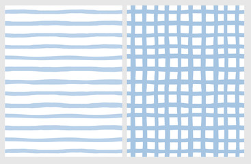 Set of 2 Hand Drawn Irregular Geometric Patterns. Horizontal Blue Stripes on a White Background. Light Blue Grid on a White Background. Infantile Style Abstract Graphic. Cute Repeatable Design.