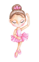 Watercolor girl ballerina dancer in pink ballet dress. Illustration isolated on white background