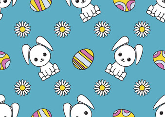 Seamless pattern dedicated to Easter with the image of rabbits, painted eggs and chamomiles. Colorful illustration. EPS 10