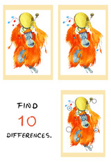 Funny monkey  illustration. Find 10 differences. Watercolor cartoon illustration. Educational game for children © shat88