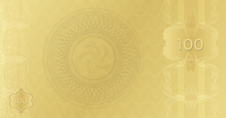 Golden Banknote template 100 with guilloche pattern watermarks border. Expensive Gift certificate Voucher. Background usable for coupon, banknote, money design, currency, note, check. Vector in gold