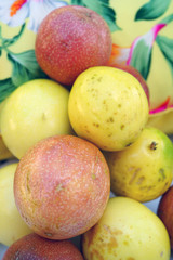 Platter of colorful ripe tropical passion fruit
