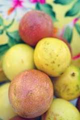 Platter of colorful ripe tropical passion fruit