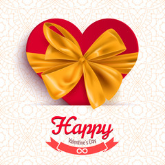 Fototapeta na wymiar Happy Valentine's Day postcard with heart and decorative bow, vector illustration