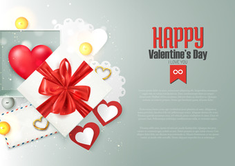 Happy Valentine's day composition with gift box and romantic elements, postcard, banner, vector illustration