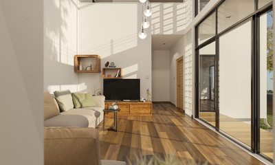 Living Room Overlooking the Patio in Broad Daylight 3D Rendering