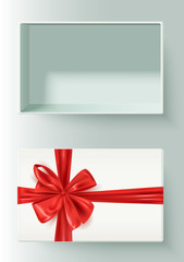 Realistic open gift box with decorative red bow, vector illustration