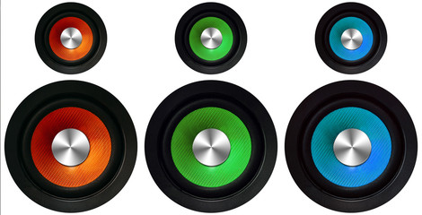 orange, green and blue Speakers on a white background