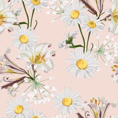Spring flower seamless pattern with beautiful lilies and chamomile flowers on beige background template. Set of blooming floral for wedding invitations and greeting card design.