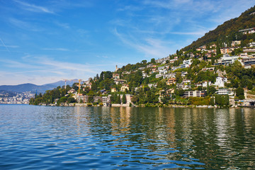 Fototapeta premium Scenic view of Gandria village near Lugano from the lake, Switzerland