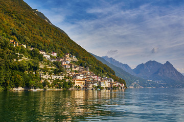 Scenic view of Gandria village near Lugano from the lake, Switzerland