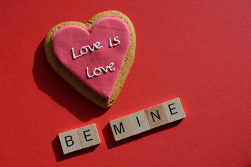 Valentine's Day message : Love is Love on a heart shaped cookie, with the words Be Mine in wooden letters  isolated on a red background with copy space