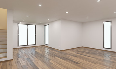 Open Plan Spotlit Home Interior Down the Stairs 3D Rendering