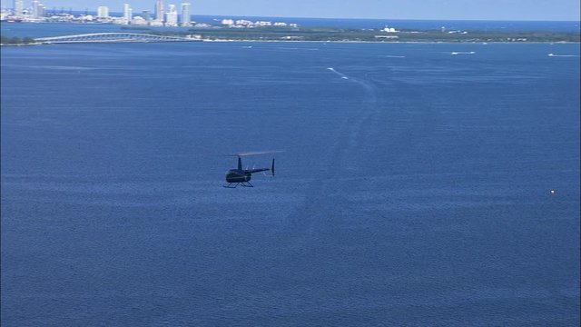Aerial view Helicopter flying Miami skyline Florida USA