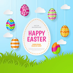 Fototapeta premium Happy easter background. Greeting Card. Paper cut style. Vector illustration