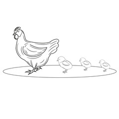 Fototapeta na wymiar Coloring page outline of chicken with small chicks. Vector illustration, coloring book for kids.