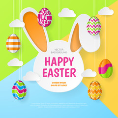 Happy easter background. Greeting Card. Paper cut style. Vector illustration