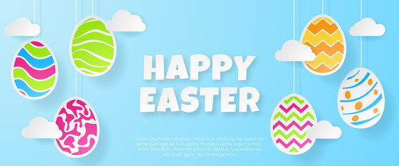 Happy easter banner template. Greeting Card. Paper cut style. Vector illustration