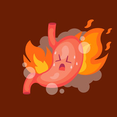 Stomach heartburn. Stomach with Fire. isolated on white background. Vector illustration.
