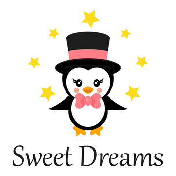 cartoon cute penguin with hat and tie and stars with text