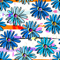 seamless flower pattern springtime background, with stripes, paint strokes and splashes