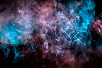 Fototapeta na wymiar A colorful neon smoke pattern on a dark background with a transition from blue to violet in color, with white particles of star dust and thin flames.