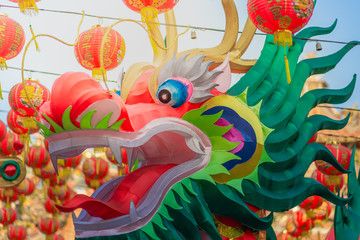 Close up Chinese New Year Dragon Head with sunshine on blurred background.