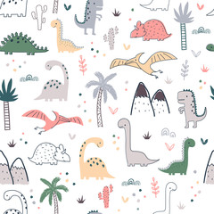 Cartoon seamless pattern with dinosaurs and palm trees © Maryco