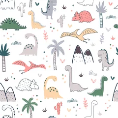  Cartoon seamless pattern with dinosaurs and palm trees © Maryco