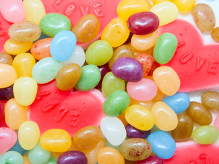 Colorful and lovely collection of sweet jelly(jelly bean, heart shaped jelly, sunny side up egg shaped jelly)