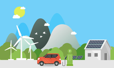Electric cars charging at the charger station in front of the solar panels and wind turbines. City. nature. in blue background and sun. Environmentally friendly Eco green city theme.